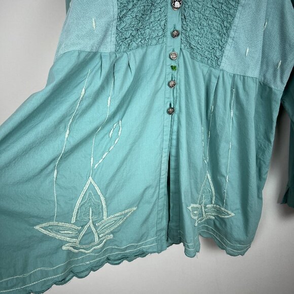 Parsley & Sage Tunic Top Womens 2X Green Blue Mixed Media Embroidered Button Up - Picture 6 of 15
